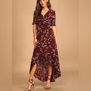 Lulu’s Burgundy Floral Print High-Low Wrap Dress